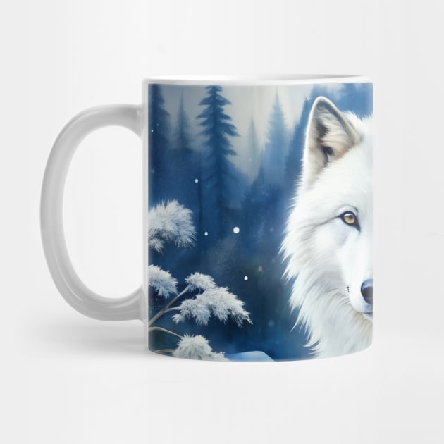 Funny White Wolf Hunting Ground, Winter Mountain Icy Moon, Forest, Galaxy Beautiful gifts Novelty Wild Animal Hunting Fashion Watercolor by sofiartmedia